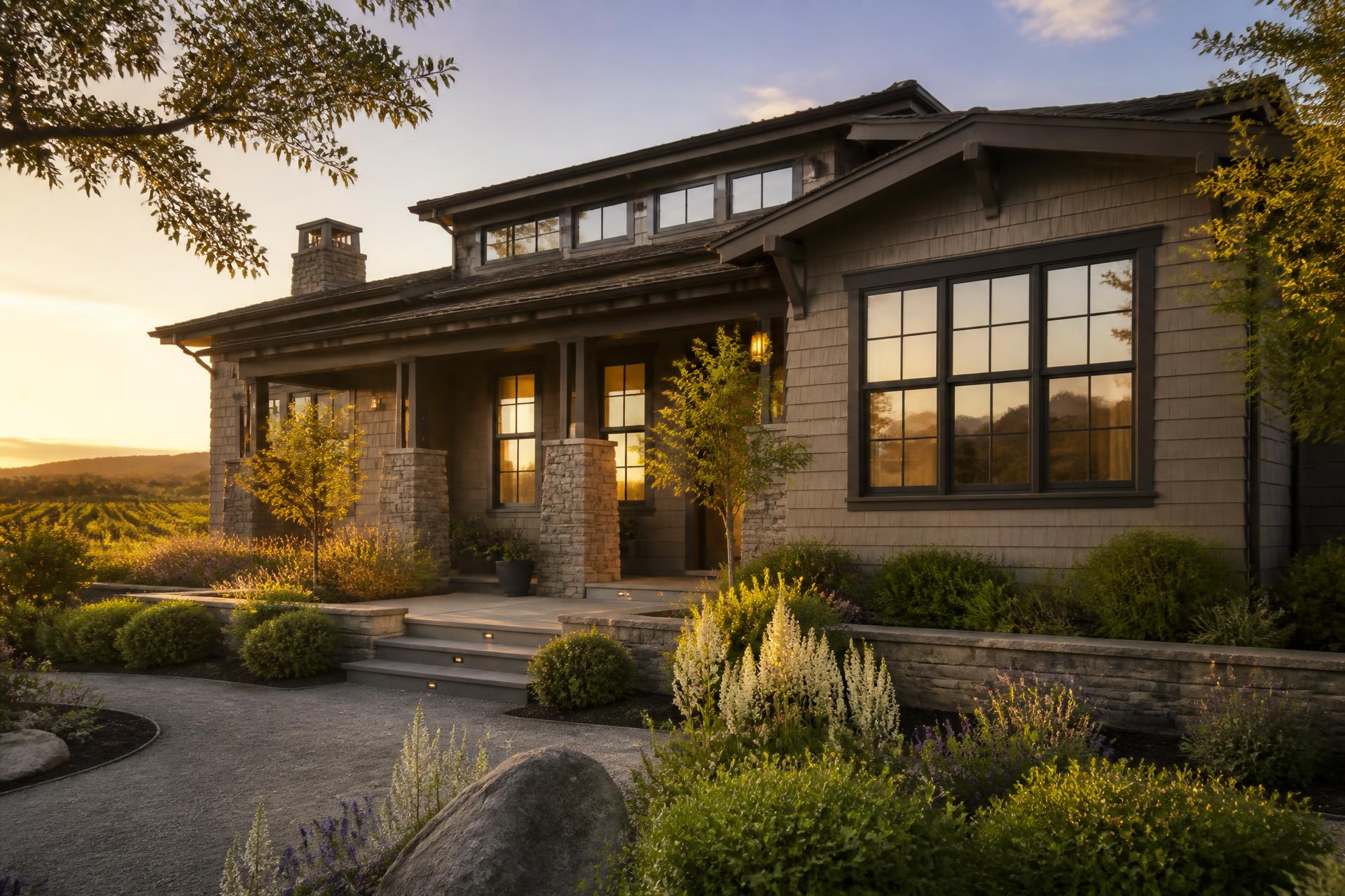 Napa Valley home exterior at golden hour